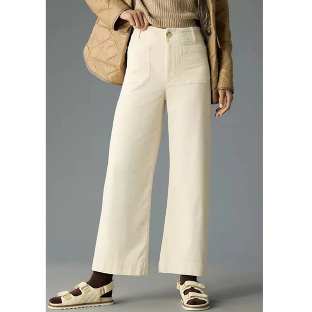 Anthropologie Maeve The Colette Cropped Wide-Leg Corduroy Pants Ivory 32